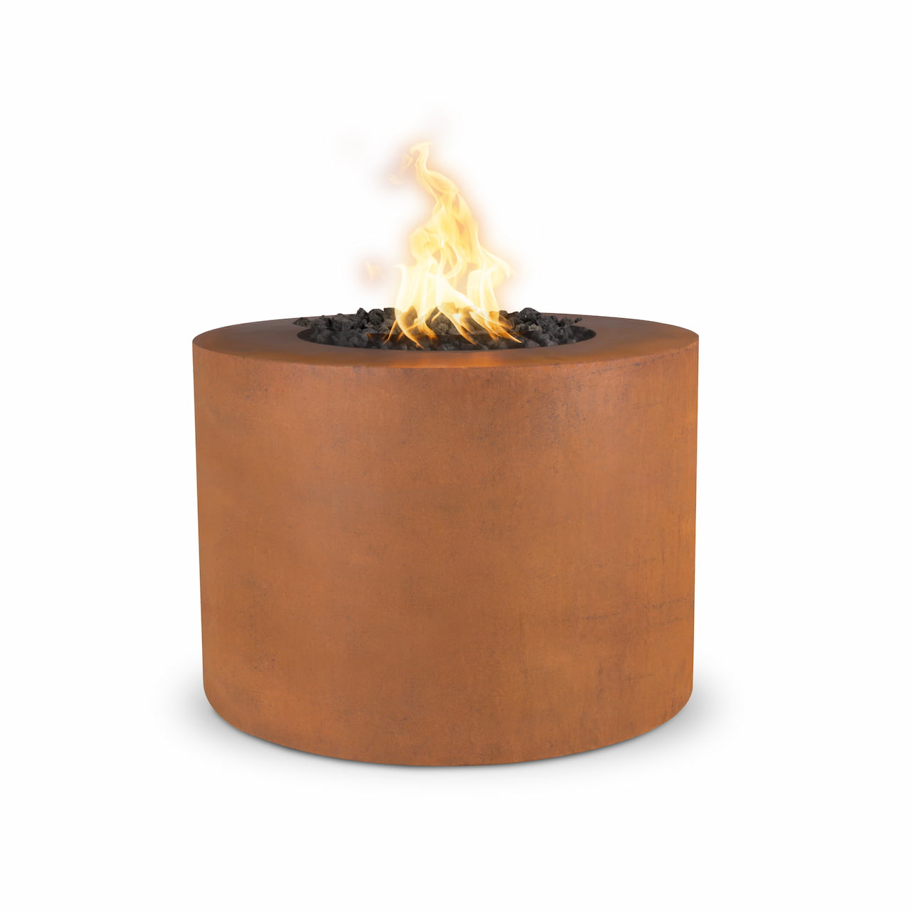 Beverly Corten Steel Propane Fire Pit product image with flame and lava rocks on white background.