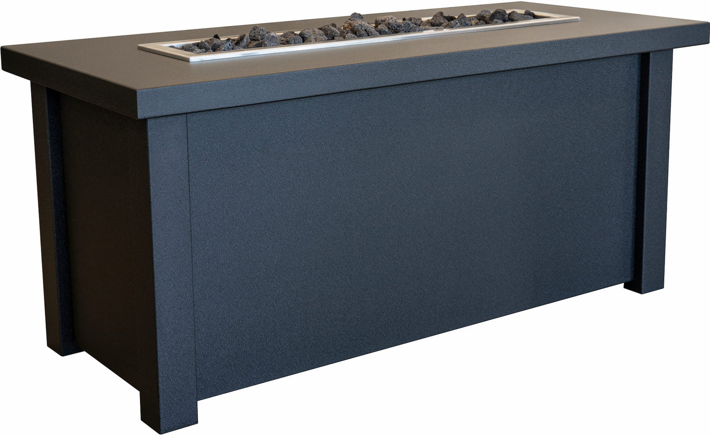 Close-up angled view of the Carolina Evening Companion Propane Fire Table - Linear in Graphite against a white background (24" high).