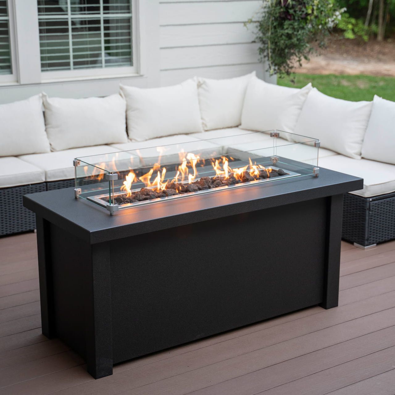 Close up of the Carolina Evening Companion Propane Fire Table - Linear in Graphite (wind guard sold separately).