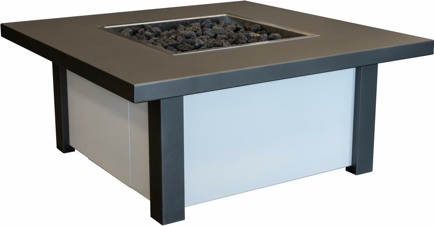 Carolina Evening Companion powder-coated fire table in Endura Charcoal and White, angled view with lava rock-filled burner.