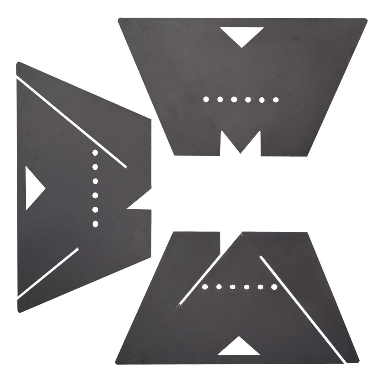 Flat layout of The Delta fire pit's four steel panels shown before assembly on white background.