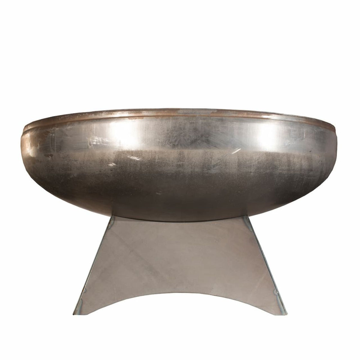 The Liberty carbon steel fire pit with standard base, natural steel finish, side profile.