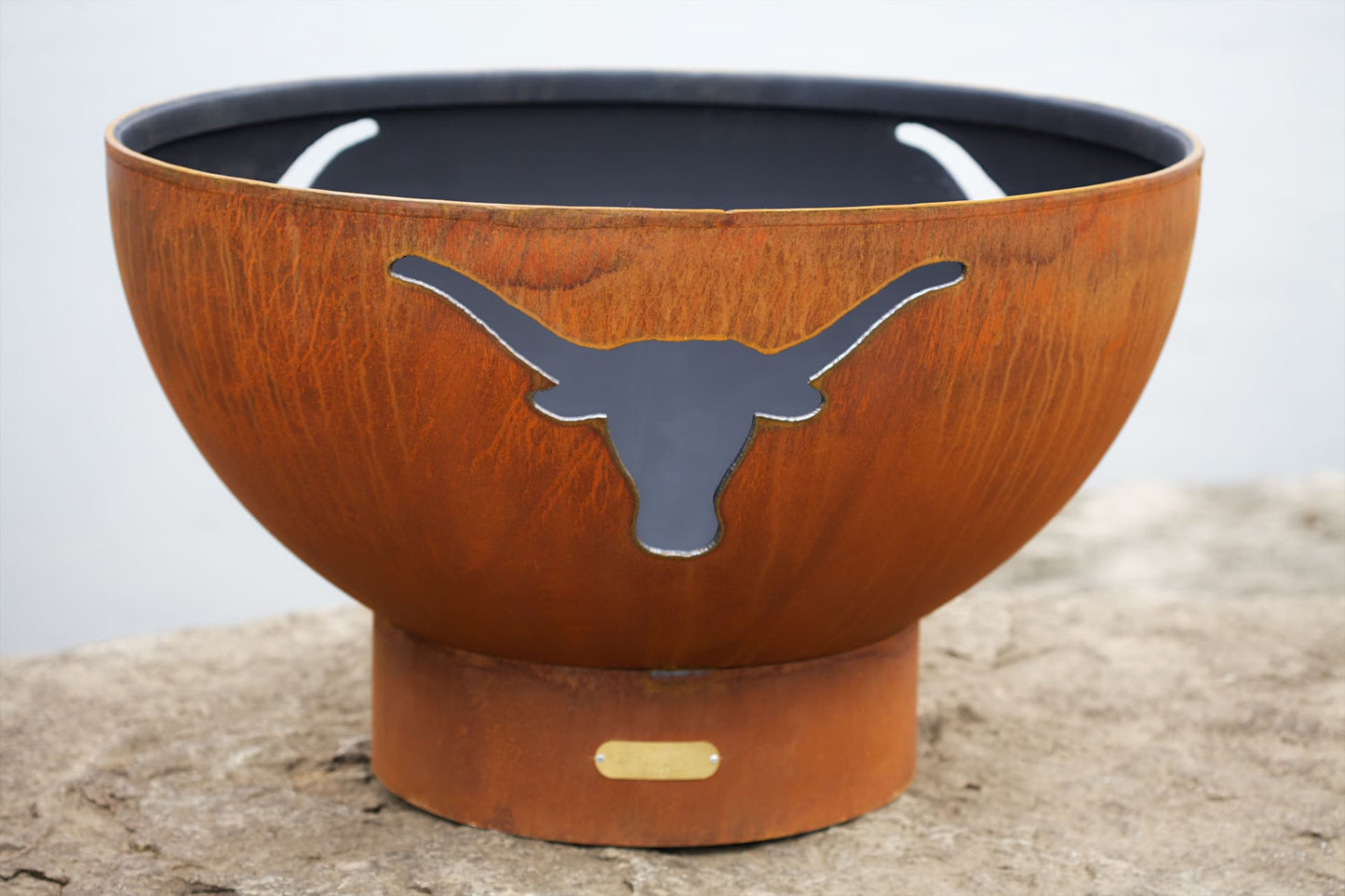 Front view of 36-inch Long Horn fire pit showing patina finish and steel detail. Made in USA by Fire Pit Art.