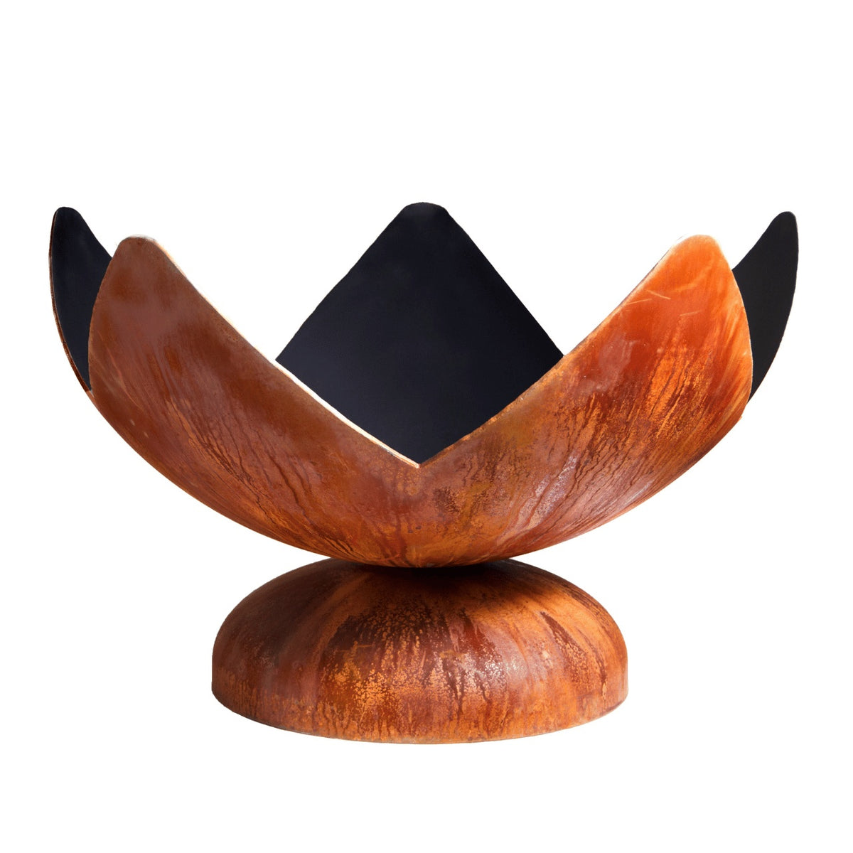 Rust-colored Fire Flower wood burning fire bowl with petal-like steel edges and rounded base.