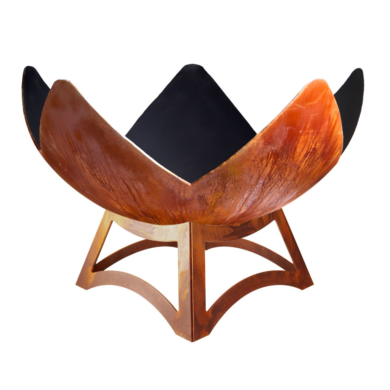 Petal-shaped Fire Flower wood burning fire bowl on arched hollow steel base, rust patina finish.
