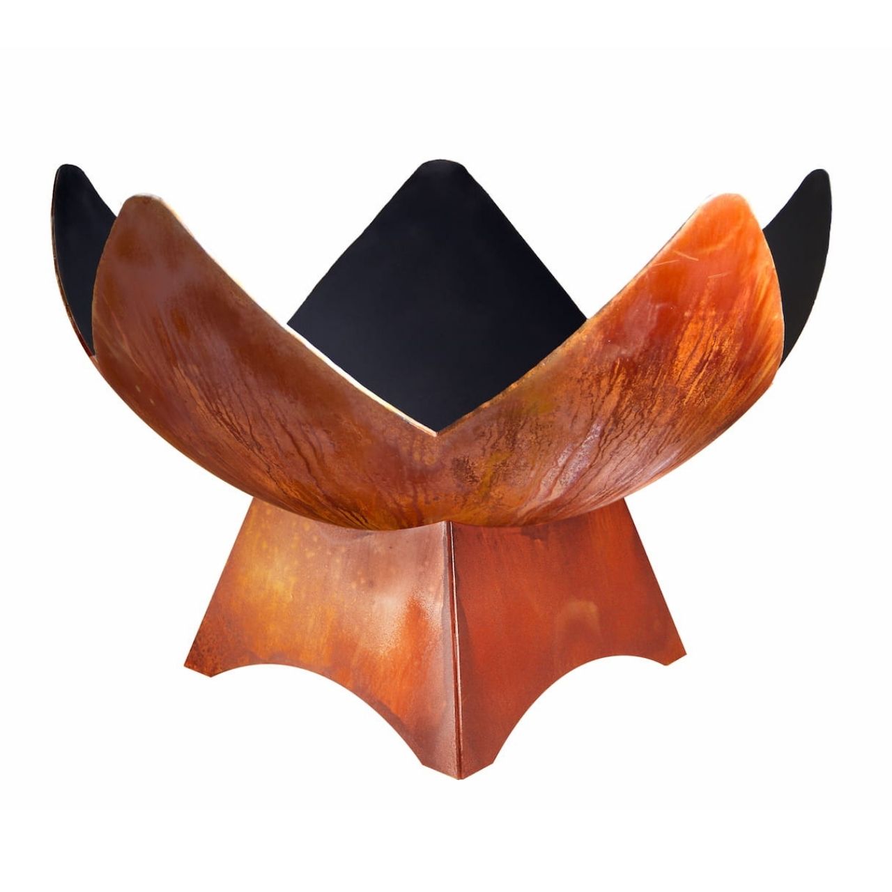 Ohio Flame Fire Flower wood burning fire bowl on flared steel base with natural iron oxide patina.