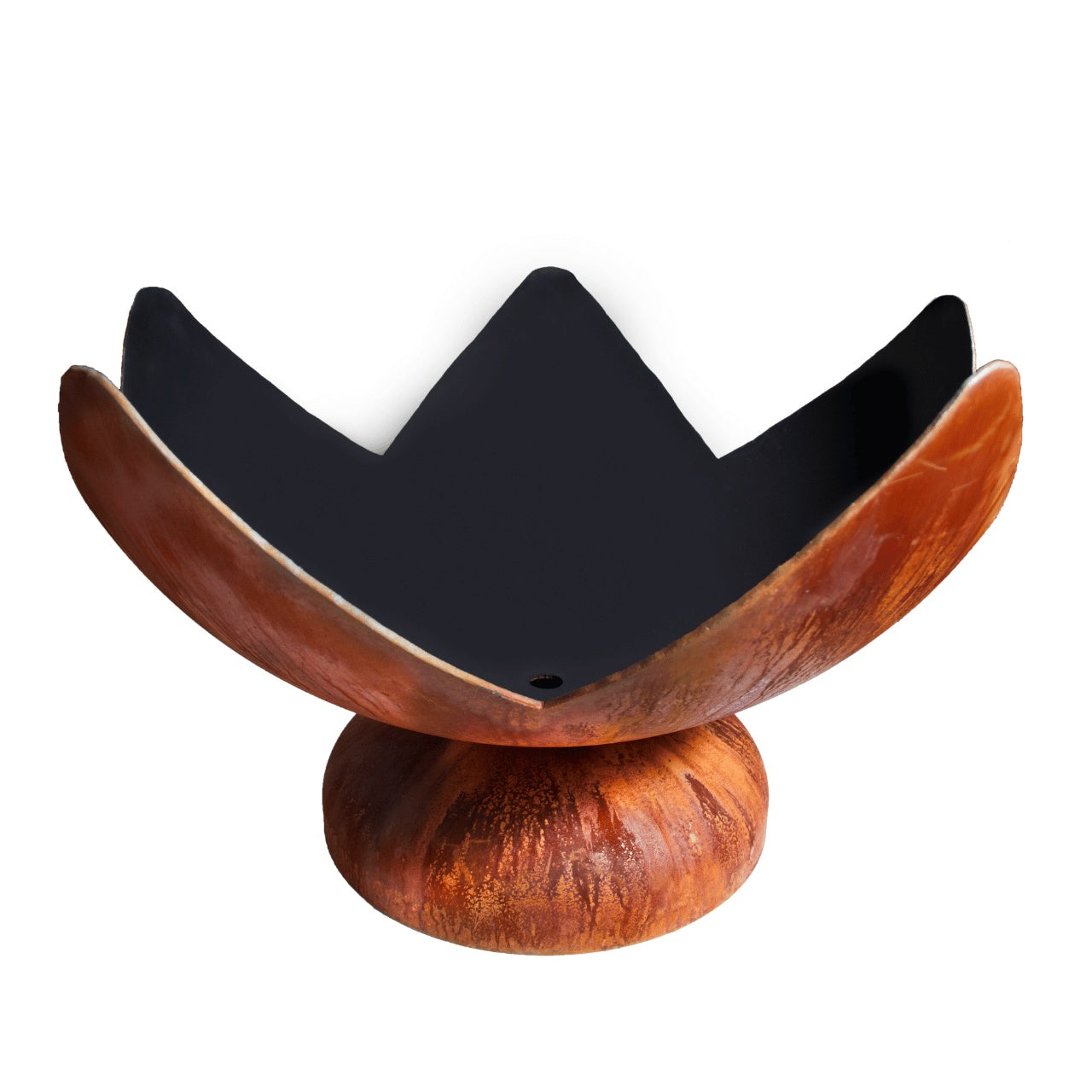 Top view of Ohio Flame’s Fire Flower wood burning fire bowl showing petal shape and center rain drain.