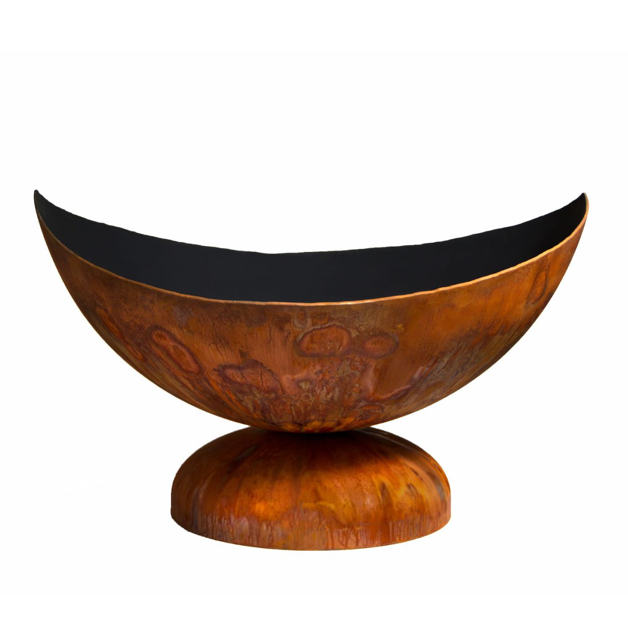 Side view of Ohio Flame’s Lunar Artisan Wood Burning Fire Bowl showing sculpted iron oxide patina and deep curved bowl.