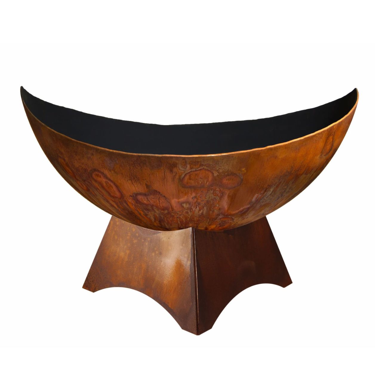 Lunar Artisan Wood Burning Fire Bowl with standard steel base, handcrafted by Ohio Flame and finished in natural rust patina.