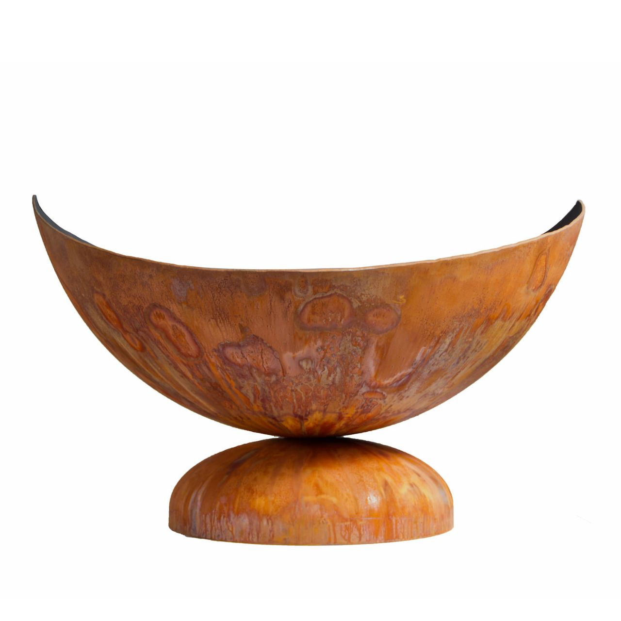 Lunar Artisan Wood Burning Fire Bowl by Ohio Flame with patina finish, inspired by the moon’s crescent shape.
