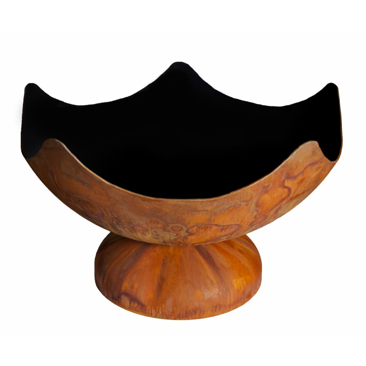 Side view of Stellar Wood Burning Fire Bowl with curved base and celestial-style steel cutout rim.