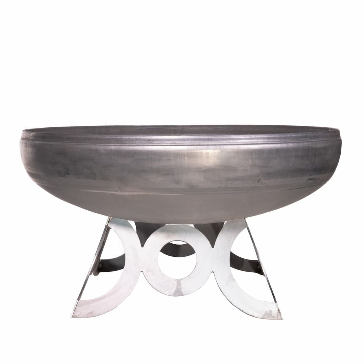 The Liberty wood burning carbon steel fire pit with circular base, natural steel finish, side profile.