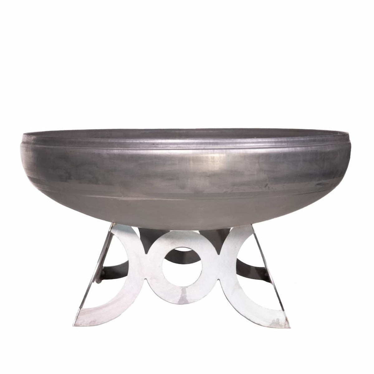 The Liberty wood burning carbon steel fire pit with circular base, natural steel finish, side profile.