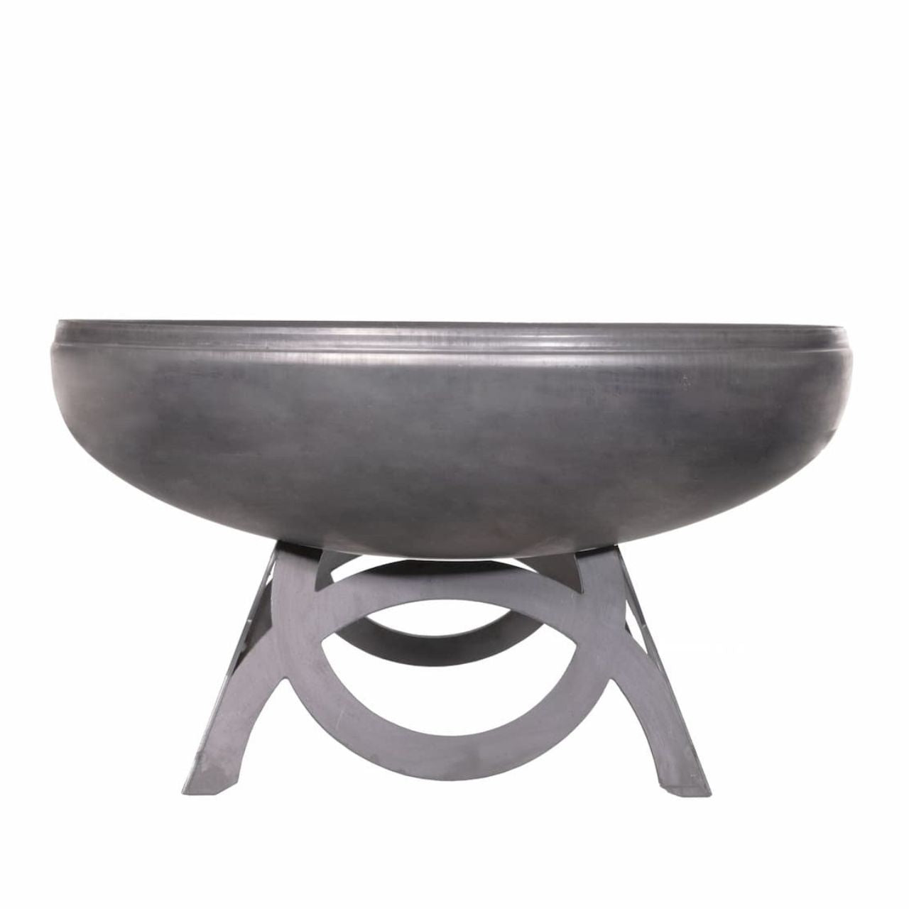 The Liberty fire pit with curved base – carbon steel, natural finish, front view.