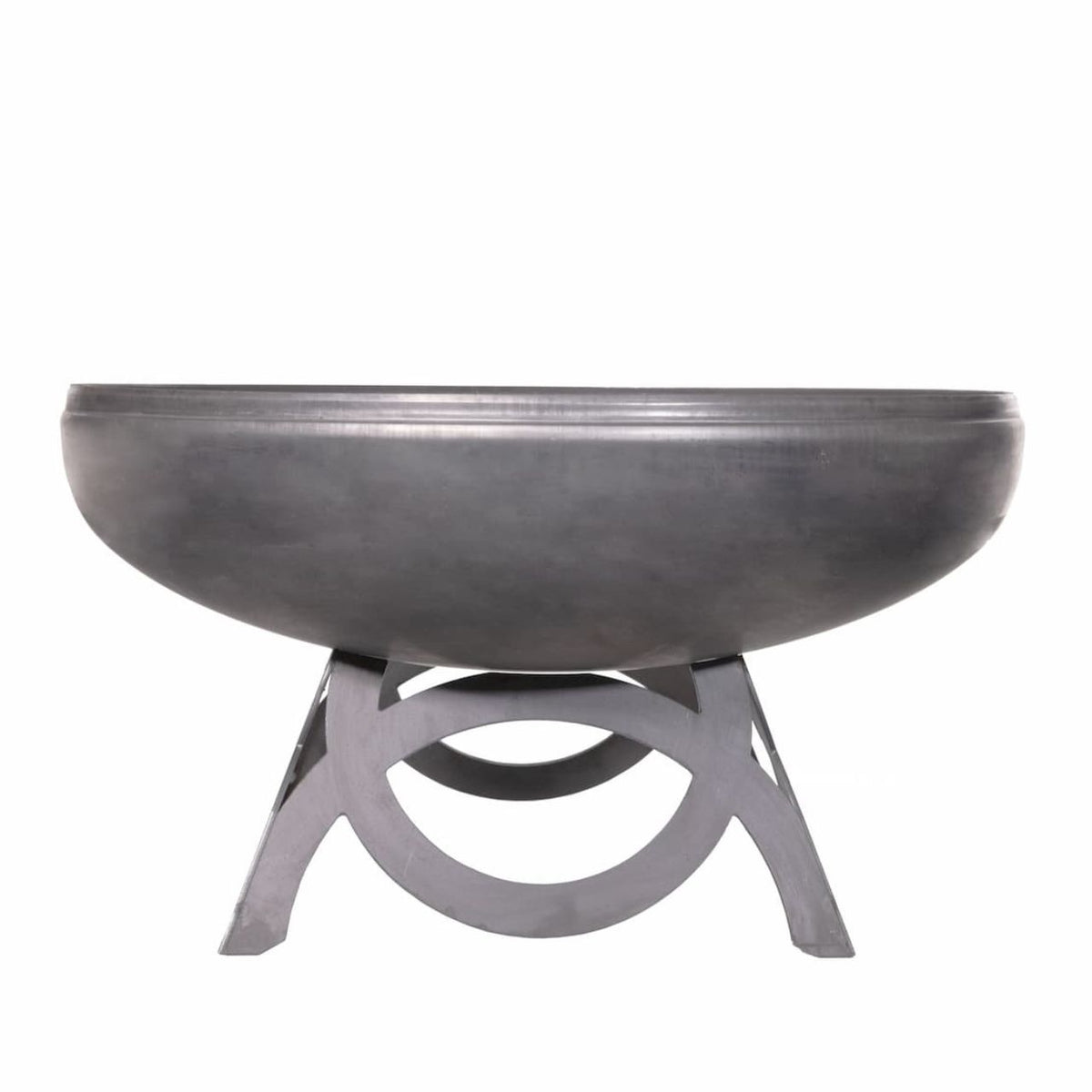 The Liberty fire pit with curved base – carbon steel, natural finish, front view.