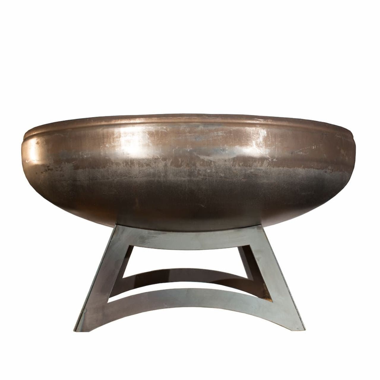 The Liberty carbon steel fire pit with hollow base, natural steel finish, side profile on white background.