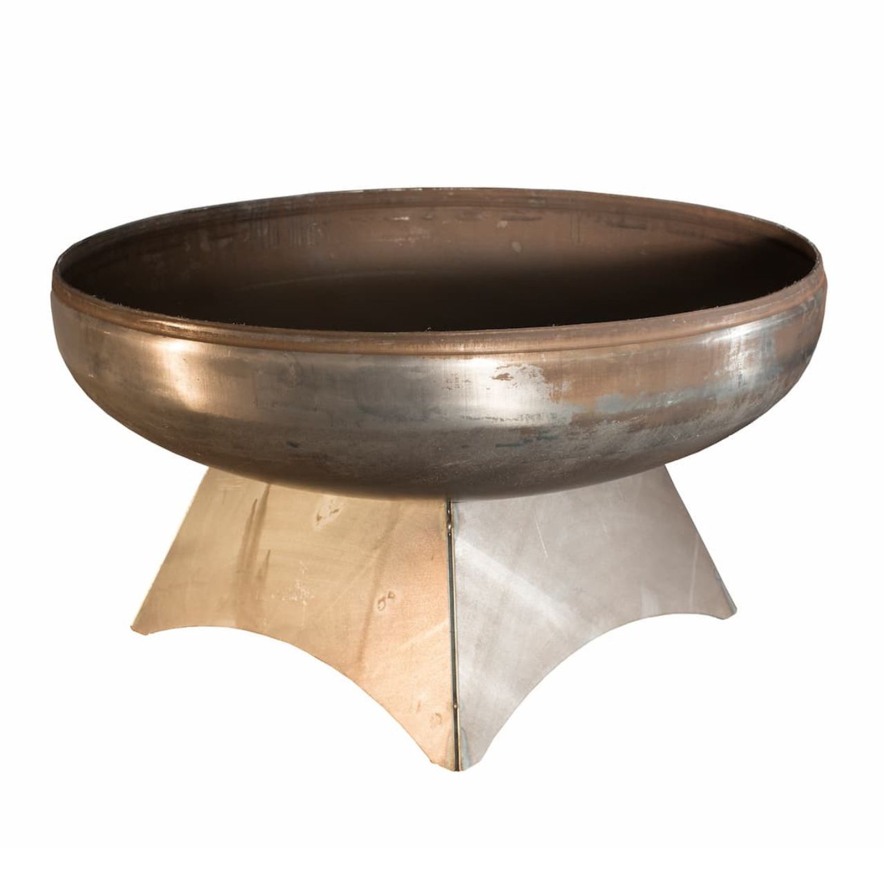 The Liberty fire pit – side angle of standard base and natural steel fire bowl.