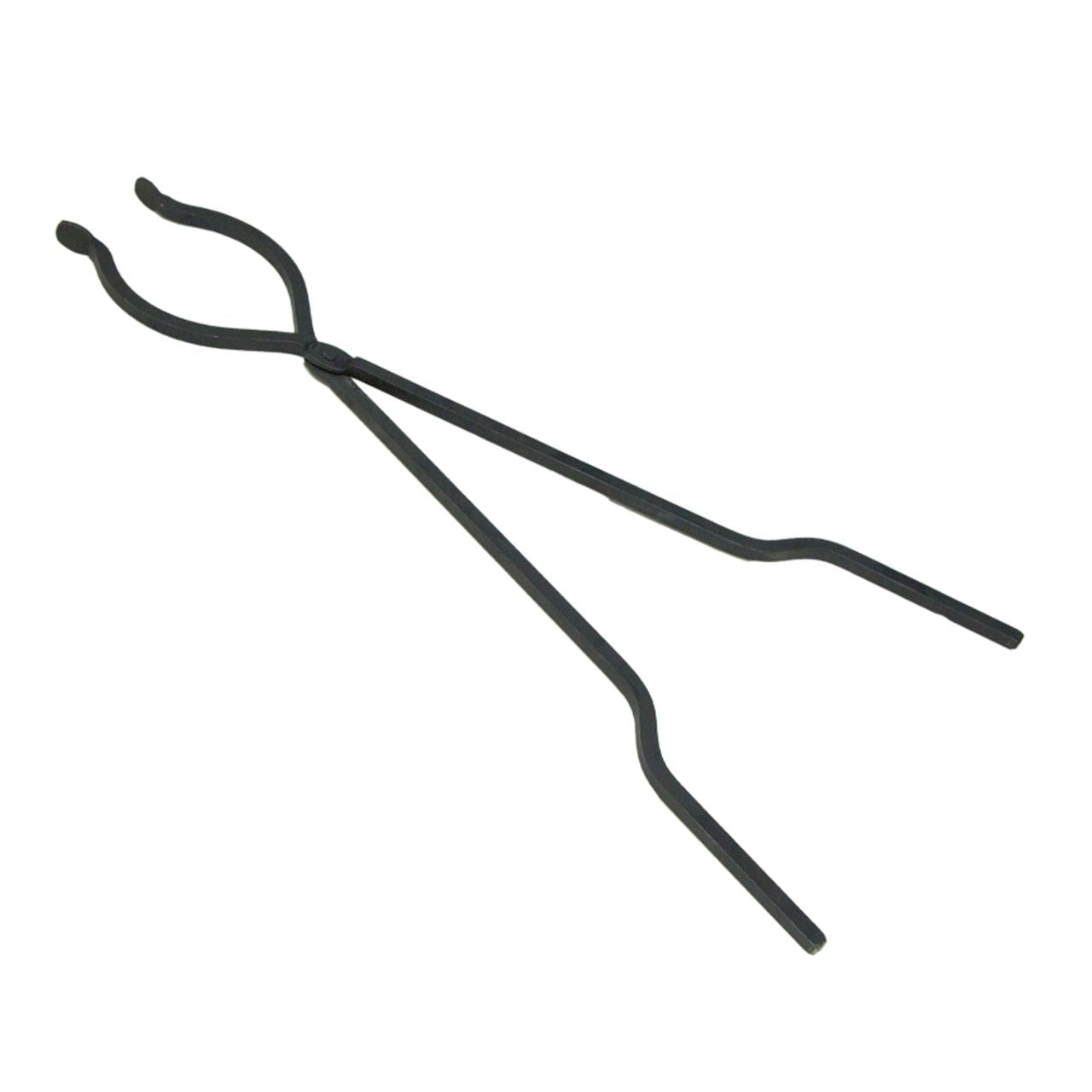 30-inch hand-forged steel campfire tongs with heat-resistant black finish, crafted in the USA by a local blacksmith.