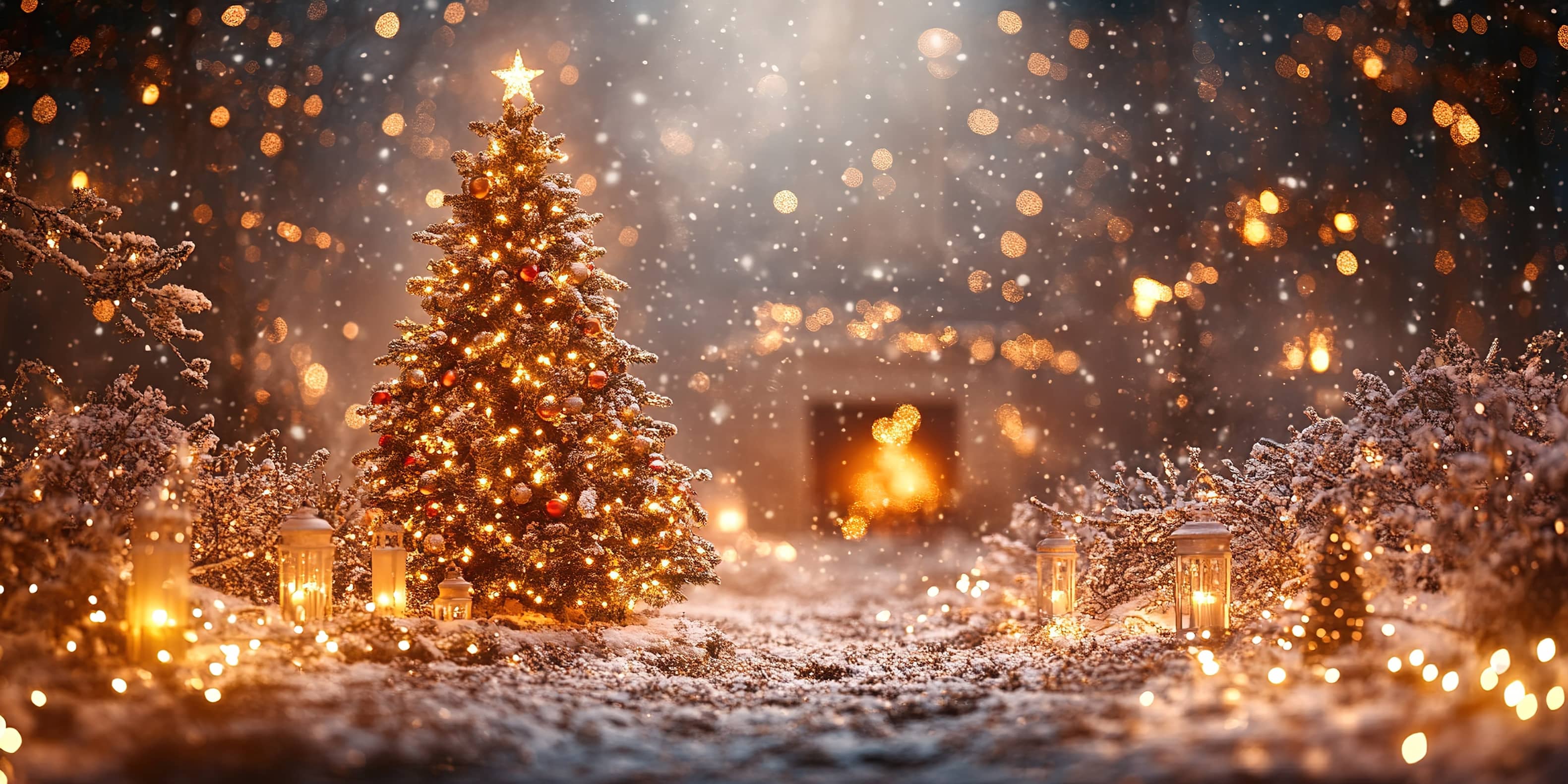 Decorated Christmas tree with lights and snow with a cozy outdoor hearth in the background.