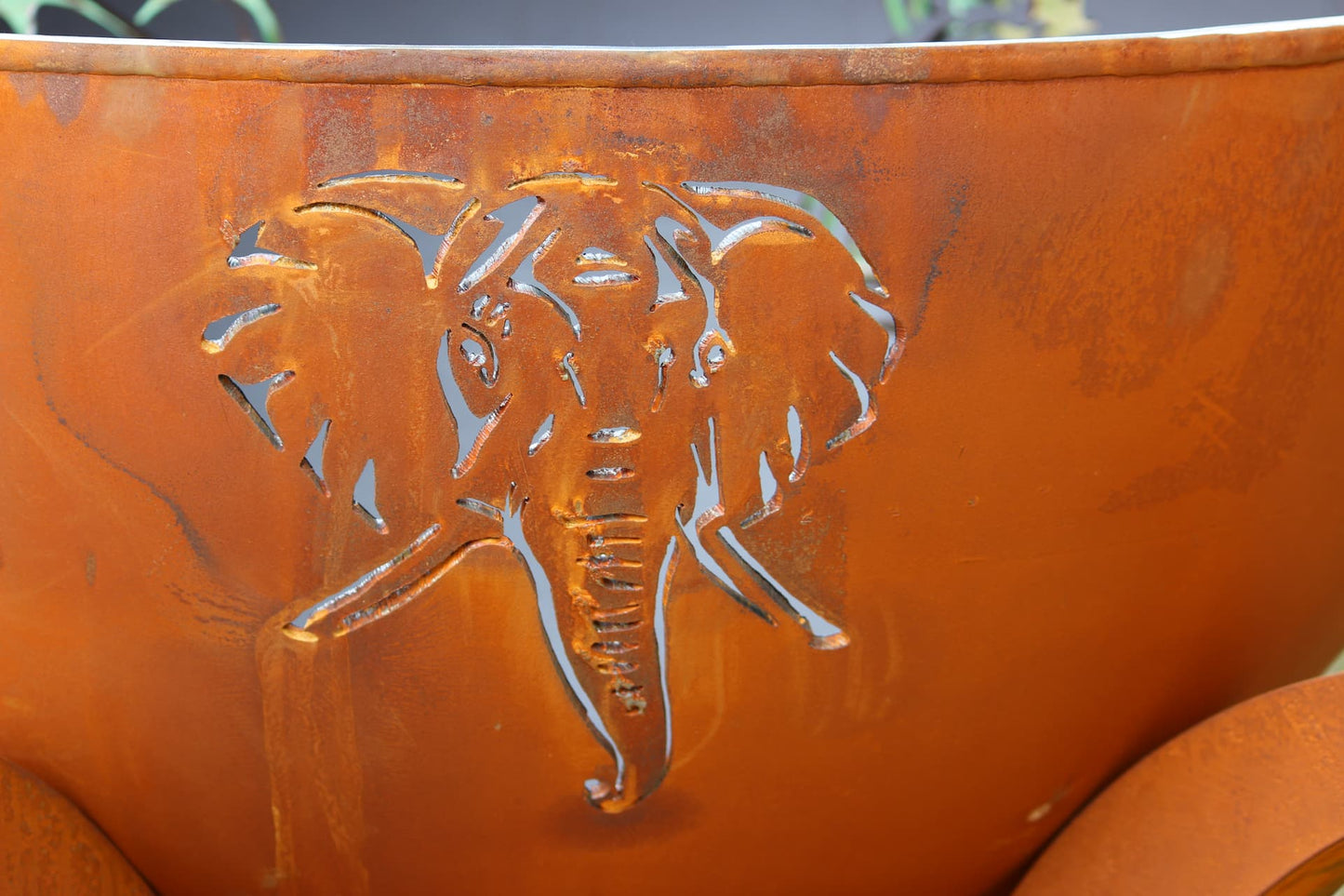 Close-up of elephant cutout on Africa’s Big Five fire pit in natural daylight. Fire pit by Fire Pit Art.