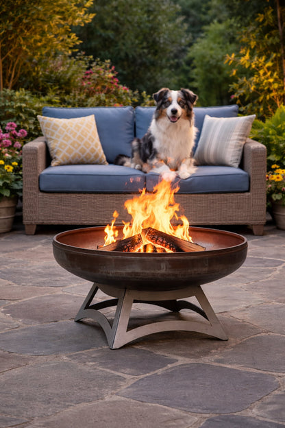Ohio Flame Liberty wood burning fire pit on a backyard patio with a dog relaxing behind the fire. Made in the USA.