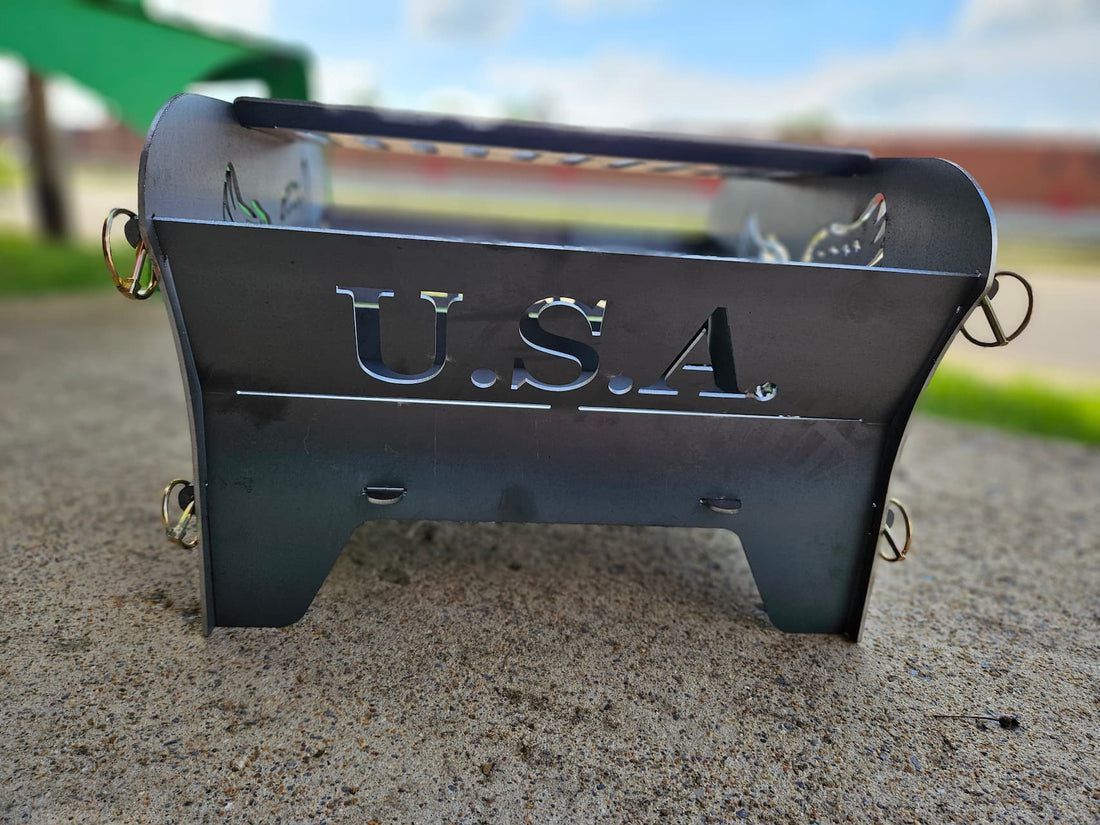 Side view of Freedom steel collapsible fire pit with &