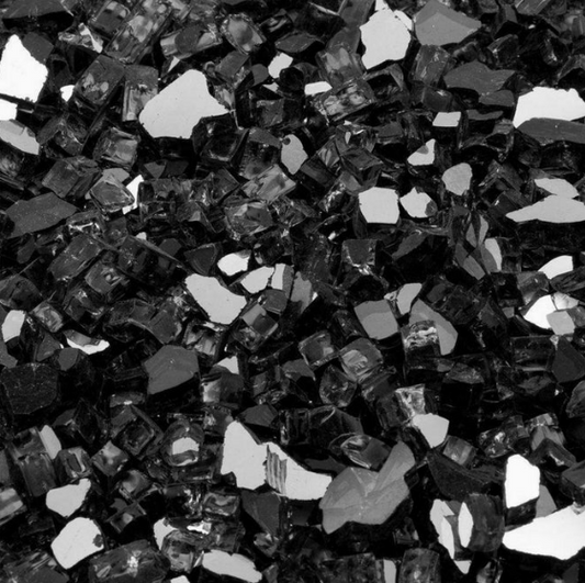 Close-up of black reflective fire glass, 1/4 inch tempered, for Wine Barrel Fire Pit.