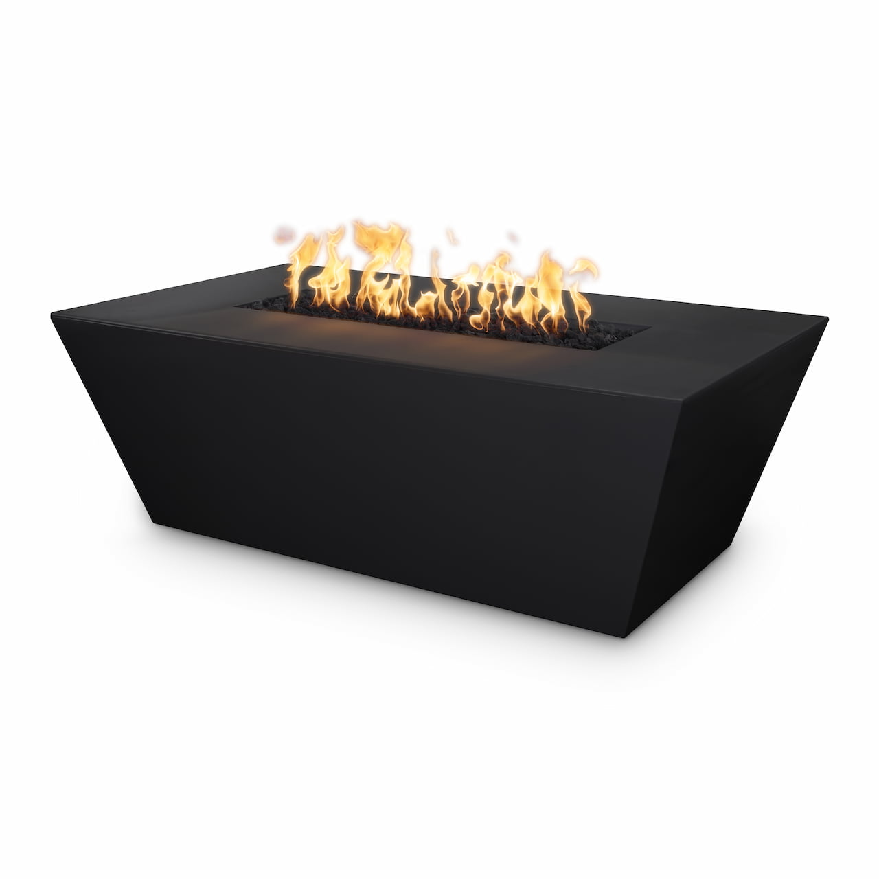 Black Angelus GFRC fire pit with clean rectangular shape and bright natural gas flame, studio-style view on white background.