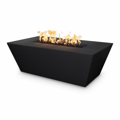 Black Angelus GFRC fire pit with clean rectangular shape and bright natural gas flame, studio-style view on white background.