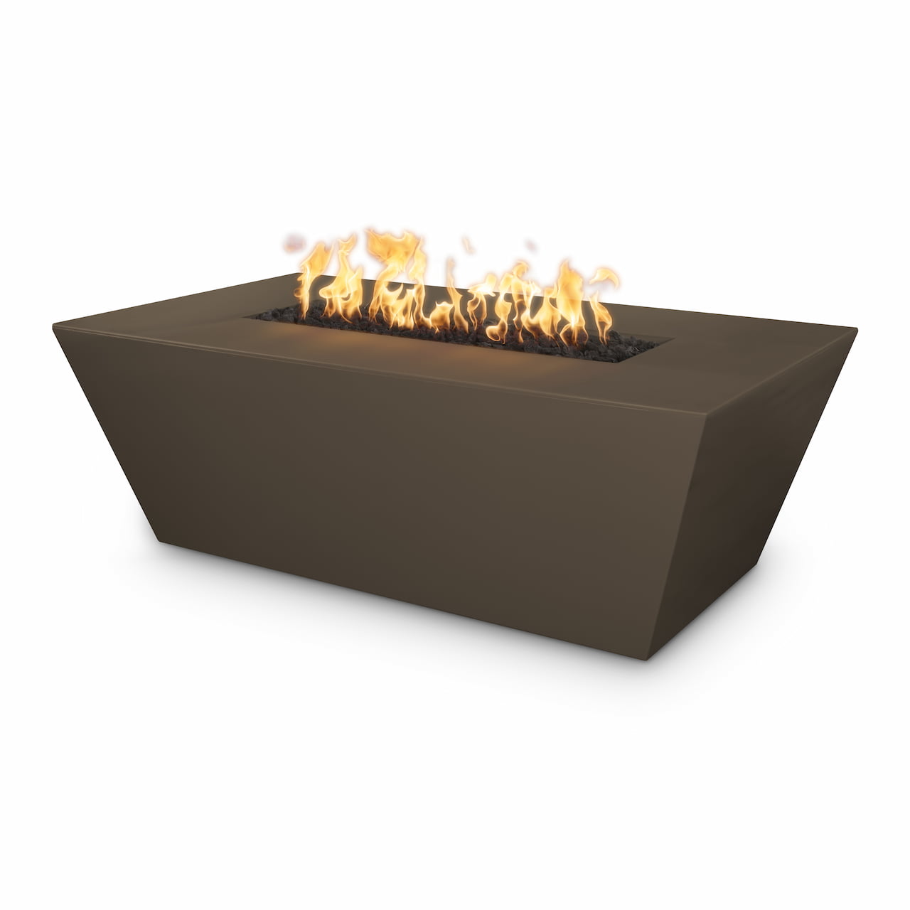 Chocolate GFRC Angelus fire pit table with modern tapered design and bright flame, angled product shot on white background.