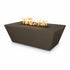 Chocolate GFRC Angelus fire pit table with modern tapered design and bright flame, angled product shot on white background.