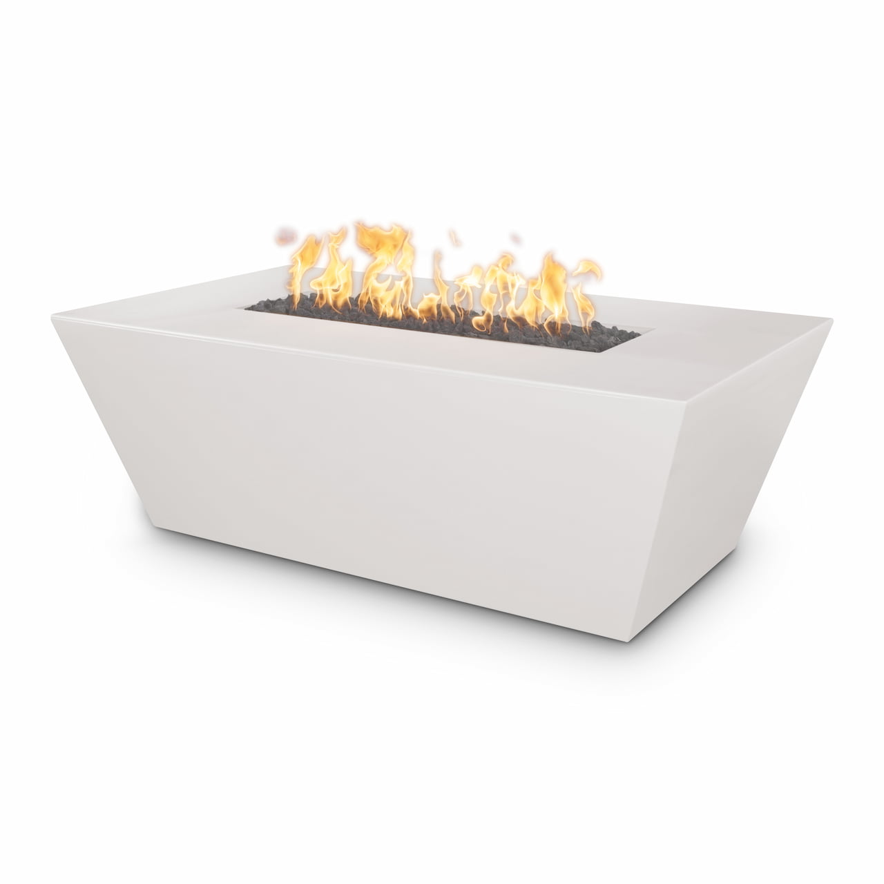 Limestone Angelus fire pit table showing smooth concrete finish and linear natural gas flame, angled product shot on a white background.