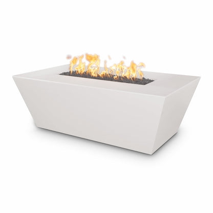 Limestone Angelus fire pit table showing smooth concrete finish and linear natural gas flame, angled product shot on a white background.