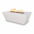 Limestone Angelus fire pit table showing smooth concrete finish and linear natural gas flame, angled product shot on a white background.