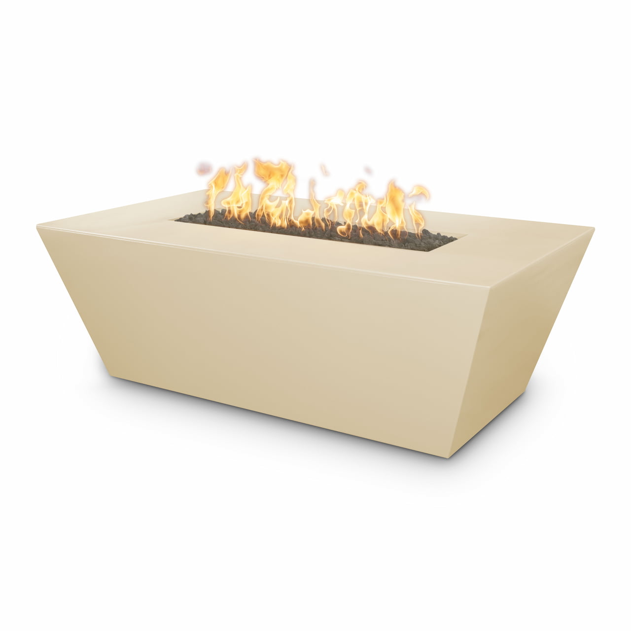 Vanilla Angelus concrete fire pit table with linear burner and warm natural gas flame, product view on a white background.