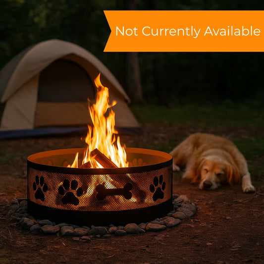 Campsite with fire ablaze in a black fire pit ring that is adorned with paw prints and bones.  A dog sleeps nearby and there is a tent in the background.
