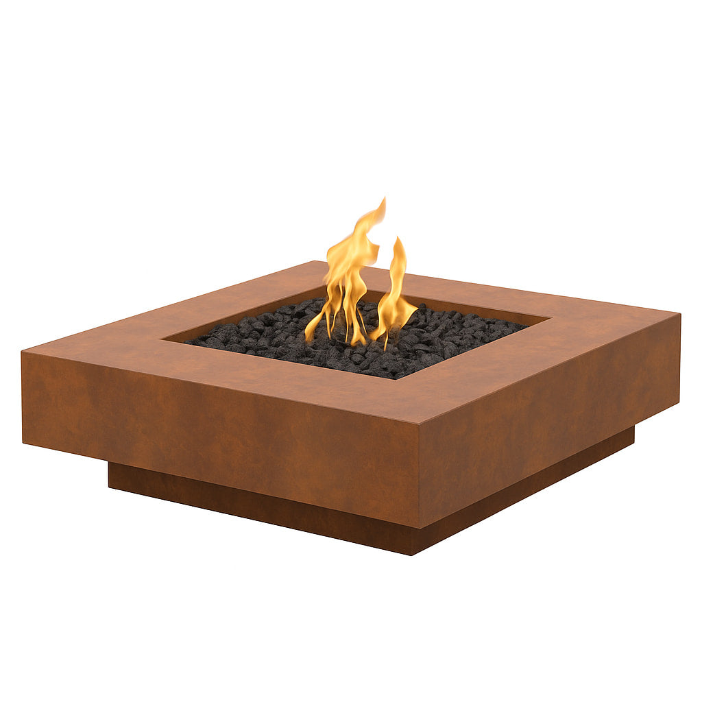 Cabo square corten steel fire pit on a clean white background with bright flames and black lava rock.