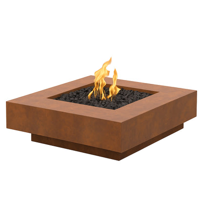 Cabo square fire pit crafted from corten steel, fueled by propane and filled with black lava rock, shown against a clean white background.