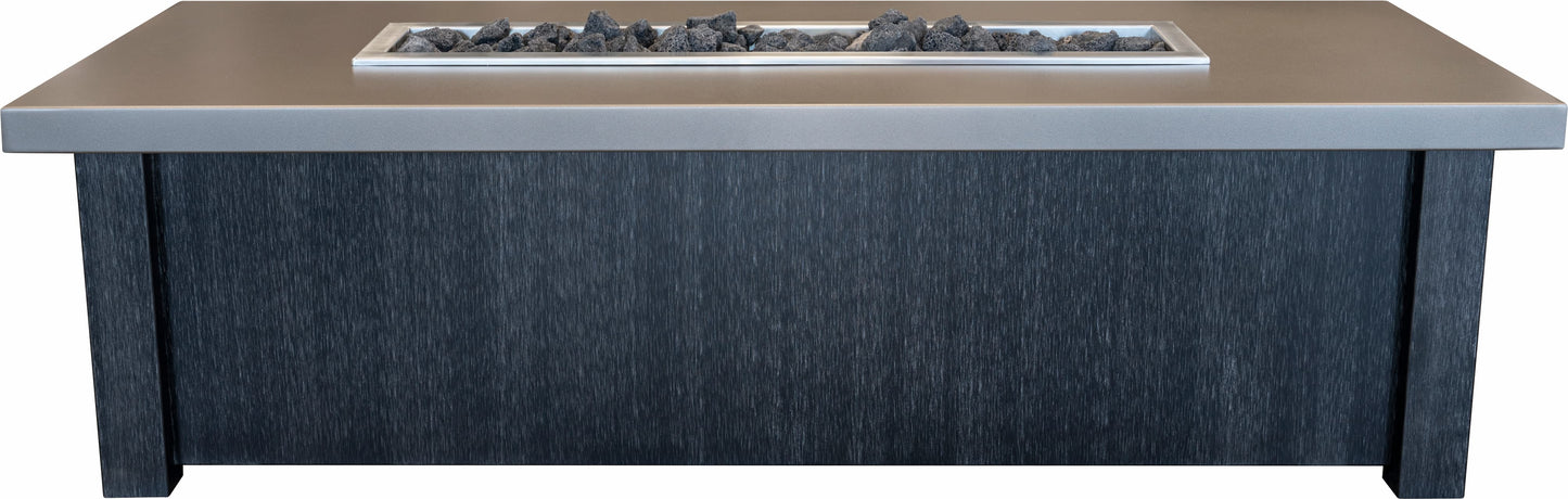 Close up front view of Carolina Evening Companion Propane Fire Table - Linear in Brushed Black on white background (18" high).