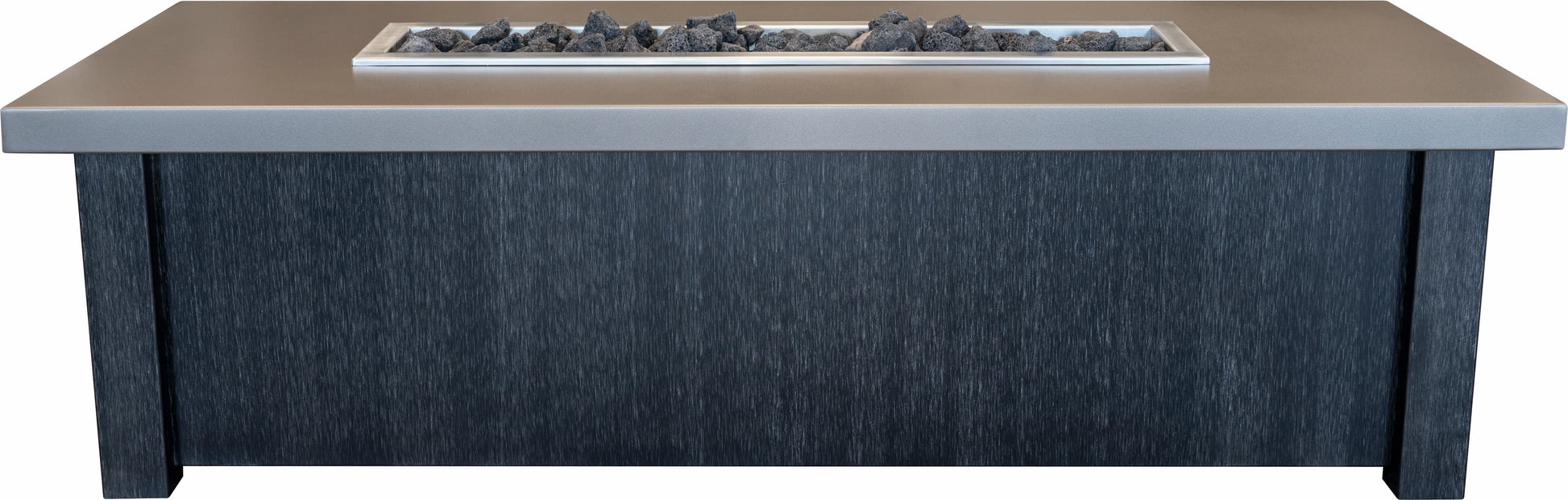 Close up front view of Carolina Evening Companion Propane Fire Table - Linear in Brushed Black on white background (18" high).
