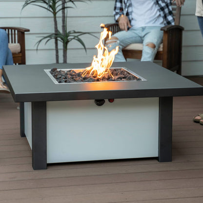 Carolina Evening Companion square propane fire pit table on patio in Endura Charcoal/White finish. Made i the USA.