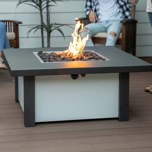 Carolina Evening Companion square propane fire pit table on patio in Endura Charcoal/White finish. Made i the USA.