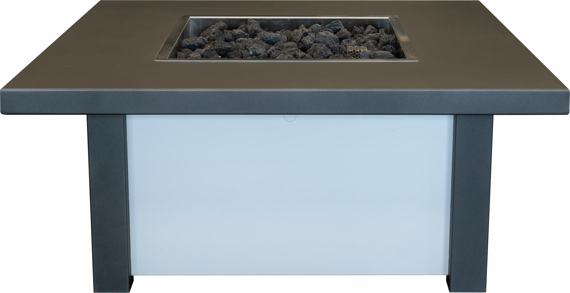 Front view of Carolina Evening Companion Endura Charcoal and White square fire table with clean aluminum construction and centered burner.
