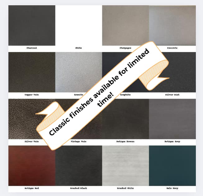 Mister Bonfire classic finishes available while supplies last – color swatch palette.
