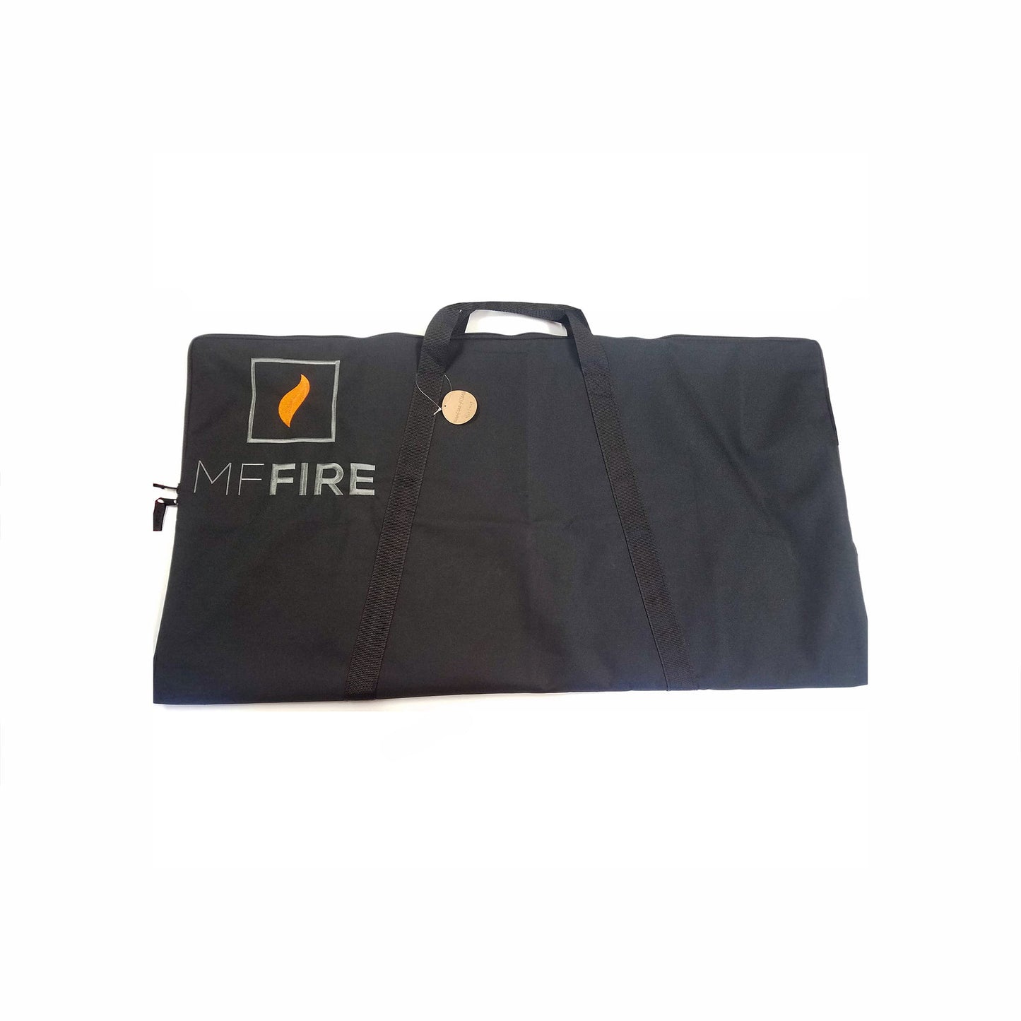 Black MF Fire Delta fire pit carrying case with zipper and handles, shown on a white background.