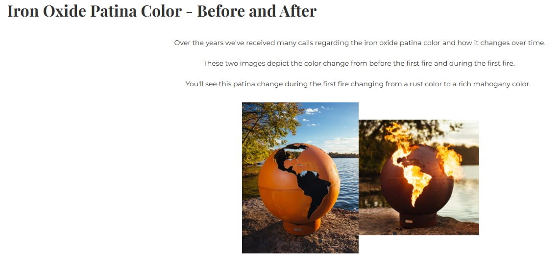 Side-by-side image showing the natural patina color change of carbon steel fire pits before and after the first burn.