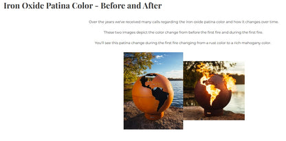 Side-by-side image showing the natural patina color change of carbon steel fire pits before and after the first burn.