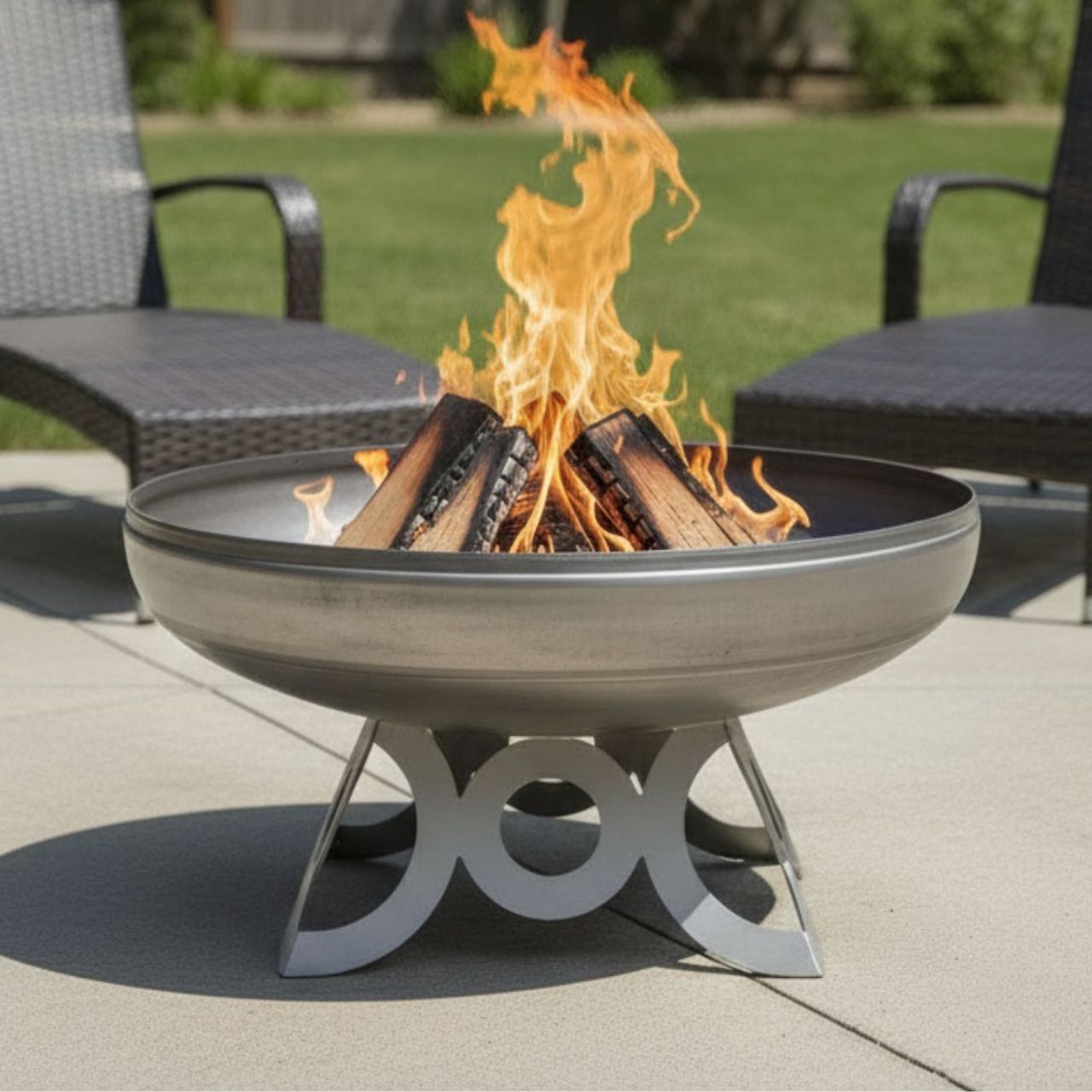 The Liberty Fire Pit - Circular Base - with flames in a backyard setting with chairs.