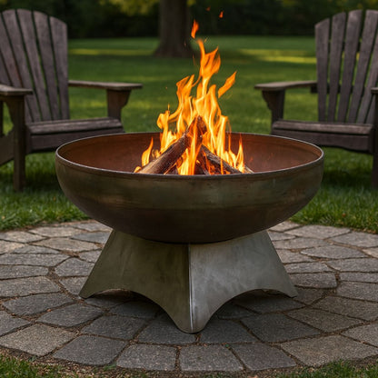 The Liberty Fire Pit - Standard Base - with flames in a backyard setting with chairs and grass.