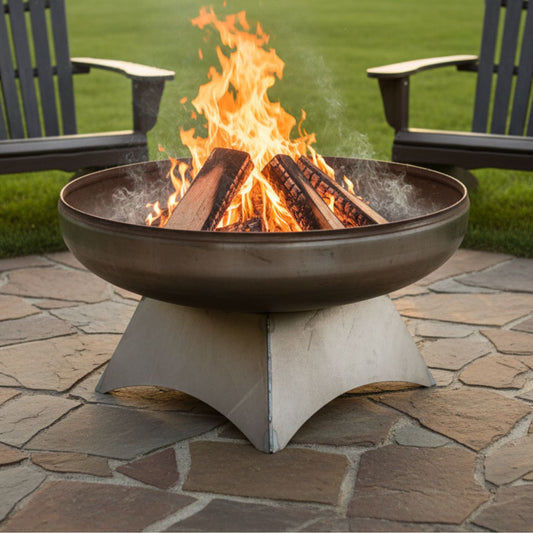 The Liberty Fire Pit - Standard Base - with flames in a backyard setting with chairs and grass.
